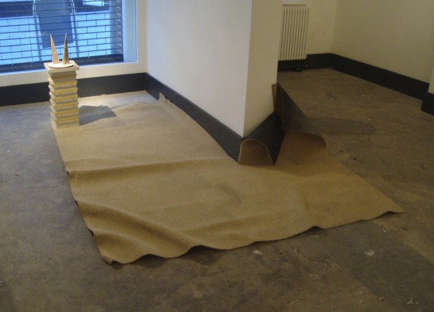 Carpet, gloss paint, plastic, spray paint.