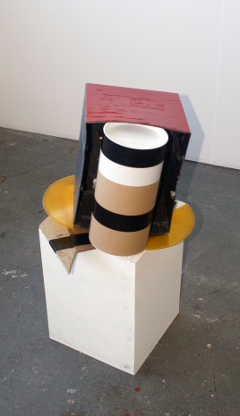 Wood, vinyl record, stereo, postal tube, tape, gloss paint.